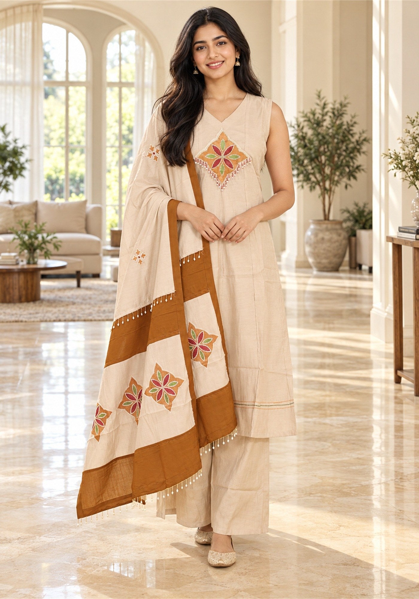 Light Peach Rust Brown Cotton Kurta Pant Set with Dupatta - Ashoka Threads - K3-D30-26-LPB 1